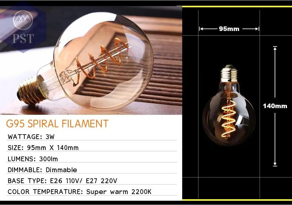 Retro Dimmable LED Edison Bulb E27 3W Gold Spiral Filament ST64 G125 Ampoule LED Lamp Incandescent Chandelier Decorative Lightin       PST PS Tradings