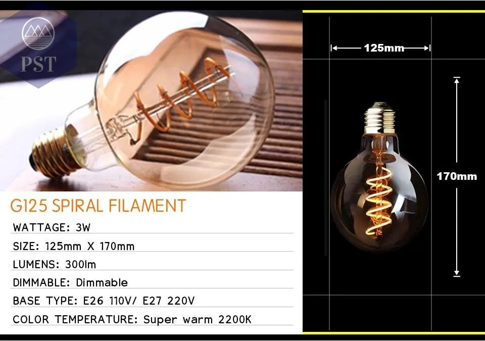 Retro Dimmable LED Edison Bulb E27 3W Gold Spiral Filament ST64 G125 Ampoule LED Lamp Incandescent Chandelier Decorative Lightin       PST PS Tradings