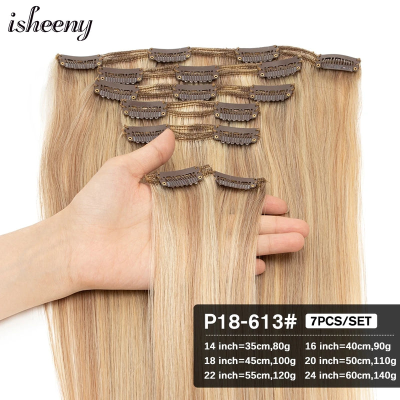 Isheeny 14"-24" Clip In Human Hair Extensions Brazilian Remy Natural Clip Human Hair Extension Real Natural Clip On 80G-140G - PST PS Tradings