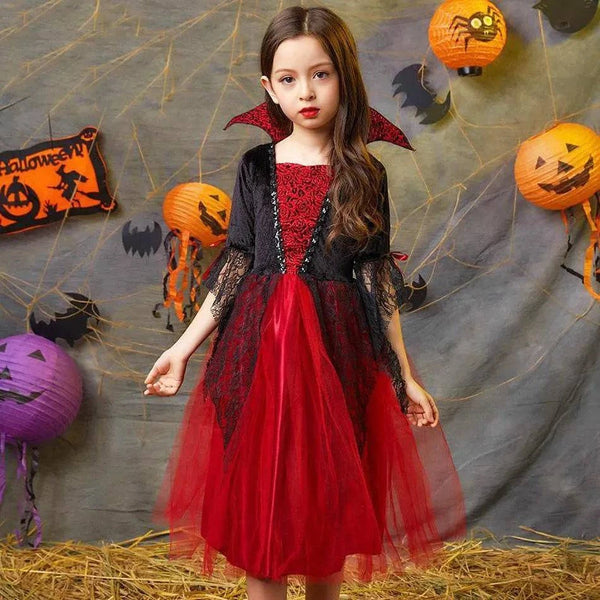 Vampire Costume for Girls Halloween Princess Party Dress Kids Cosplay Dresses Children Stand Collar Tulle Lace Black Red Clothes - PST PS Tradings