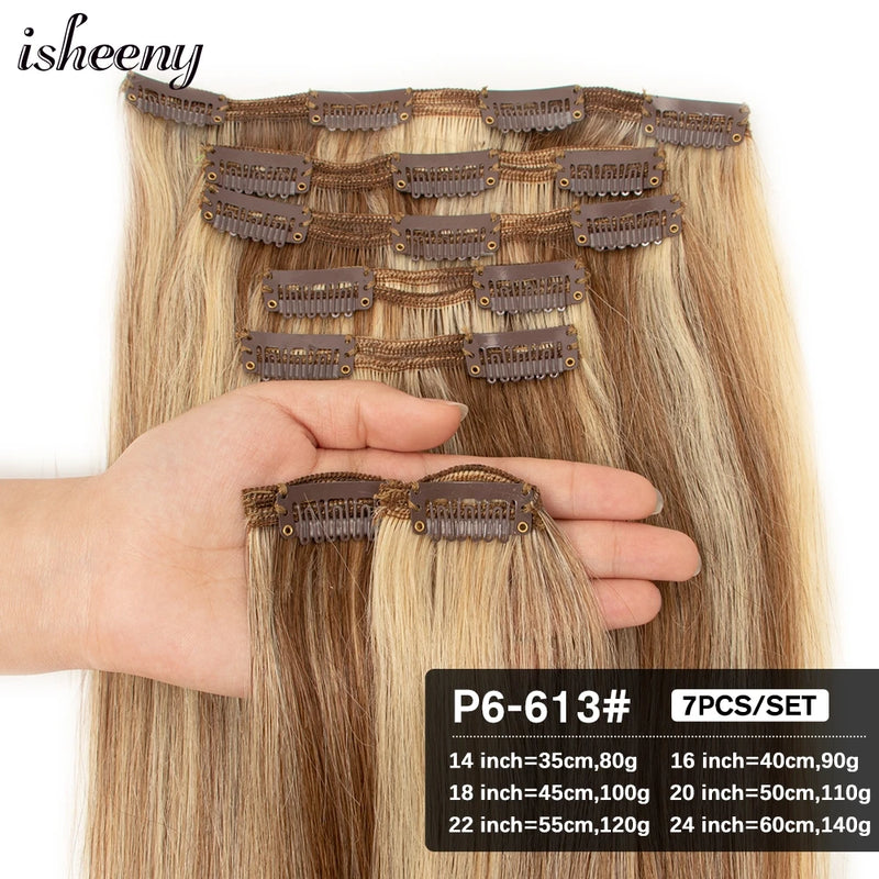 Isheeny 14"-24" Clip In Human Hair Extensions Brazilian Remy Natural Clip Human Hair Extension Real Natural Clip On 80G-140G - PST PS Tradings