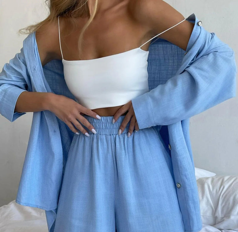 Spring Fashion Casual Short Set Women Tracksuit Wear Loose Long Shirt Top And High Waist Shorts Two Piece Sets Summer Outfits - Property & Safety Tradings