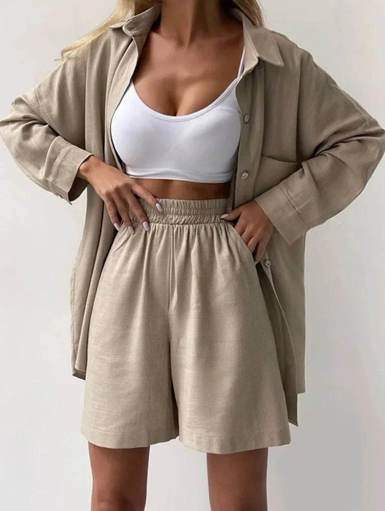 Spring Fashion Casual Short Set Women Tracksuit Wear Loose Long Shirt Top And High Waist Shorts Two Piece Sets Summer Outfits - Property & Safety Tradings