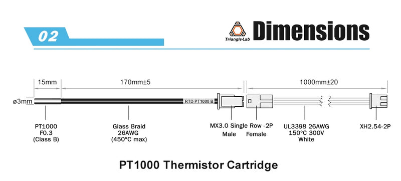 Trianglelab PT1000 Thermistor Cartridge for 3D printer Volcano/ v6 heater block UPTO 450C PEEK PEI PT100 printing