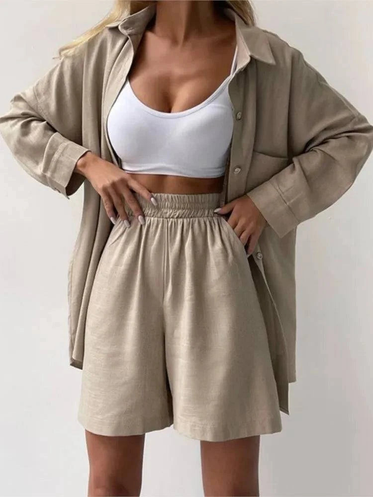 Spring Fashion Casual Short Set Women Tracksuit Wear Loose Long Shirt Top And High Waist Shorts Two Piece Sets Summer Outfits - Property & Safety Tradings