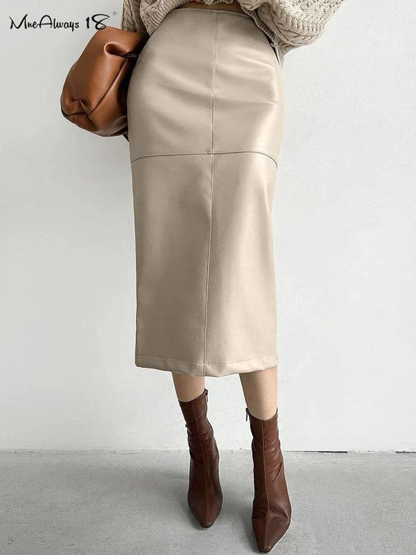 Mnealways18 Elegant Pu Khaki Skirts Womens High Waist Straight Faux Leather Long Skirts Autumn Office Ladies Zipper Skirts 2024 - Property & Safety Tradings