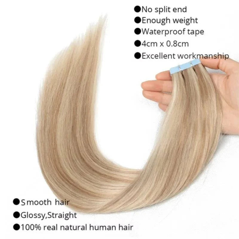 MRSHAIR Tape in Hair Extensions Human Hair Blonde Seamless Tape Hair Extensions 4x0.8cm Skin Weft PU Tape On Hair 20PCS 12"-24" - Property & Safety Tradings