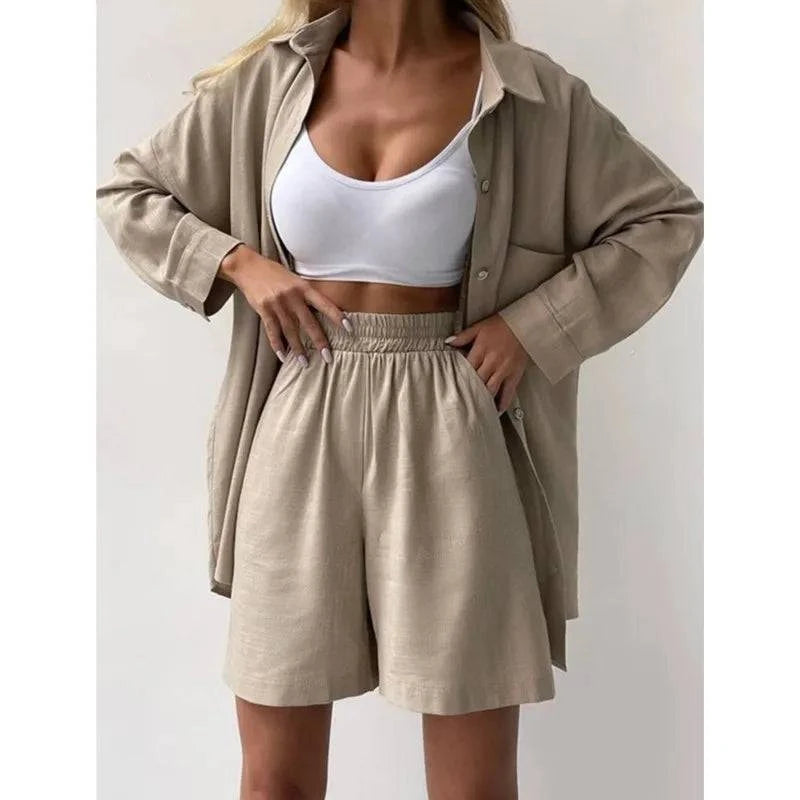 Summer Women's Suit Solid Cotton Casual Shorts and Shirts 2 Piece Sets Womens Outfits Linen Fashion Blouse Women's Suit 2025 - Property & Safety Tradings