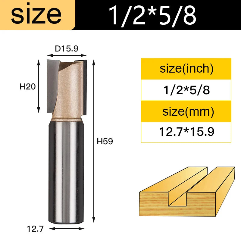 Tideway Straight Router Bits 1/2 1/4 Shank Double Flute Plunge Milling Cutter Carbide Tipped Woodworking Trimming Slotting Tool