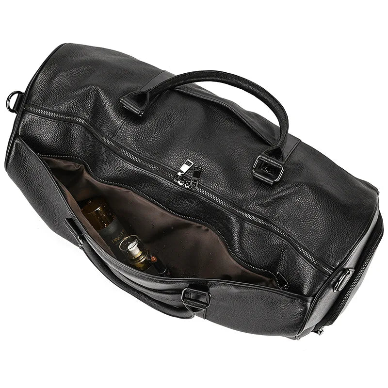 Big Capacity Genuine Leather Travel Bag For Men Women Soft Black Cowhide Casual Travel Duffel Large Luggage Weekend Shoulder Bag