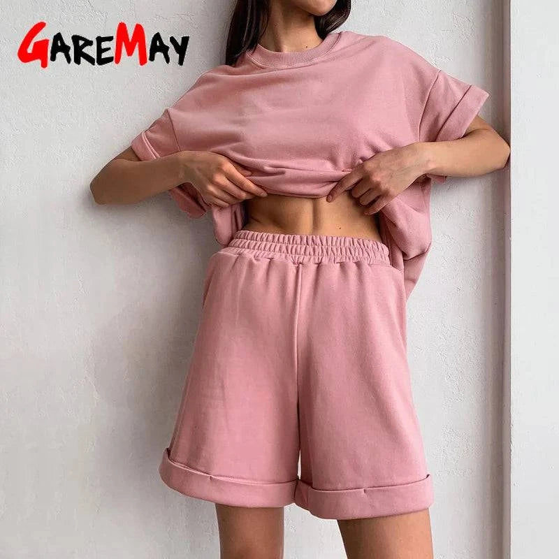 Summer Women's Tracksuit Suit Shorts With T-shirt Two Piece Set Top Loose Oversize Cotton Green Women Classic Casual Sportswear - Property & Safety Tradings