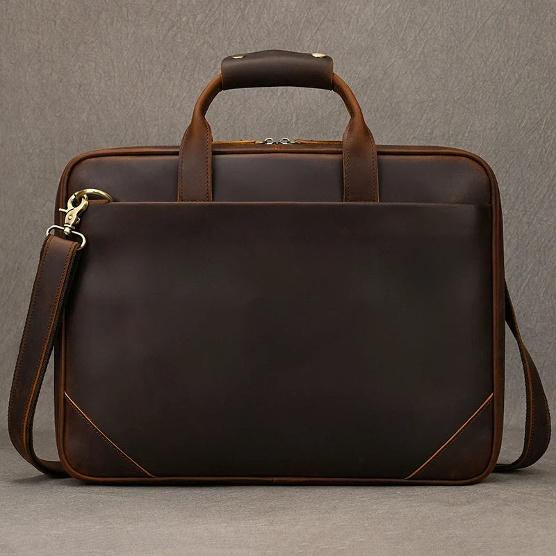 Crazy Horse Genuine Leather Men Briefcase Vintage 16 inch Big Business Laptop Handbag Large Cowhide Messenger Shoulder Bag Man