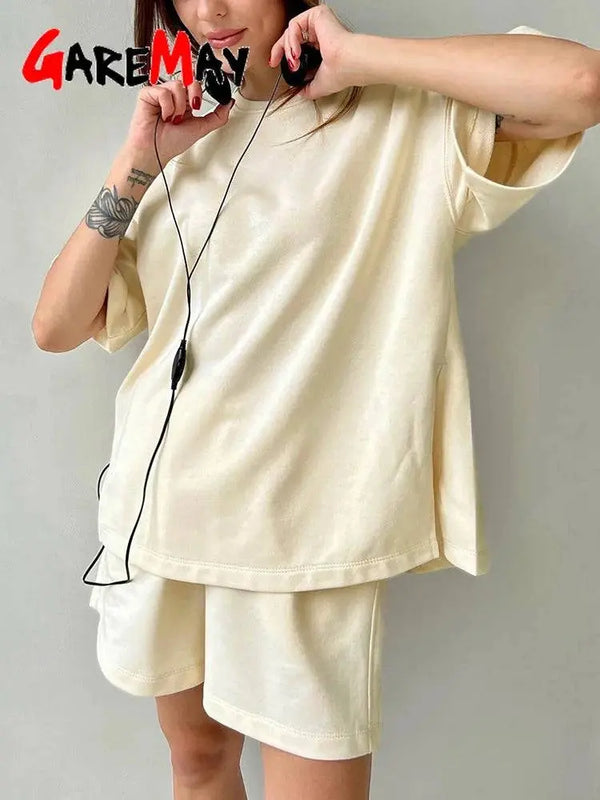 Women's Summer Suit with Shorts Cotton Side Split Oversized Two-piece Top and Shorts Set Loose Casual Suit for Women Outfit - Property & Safety Tradings