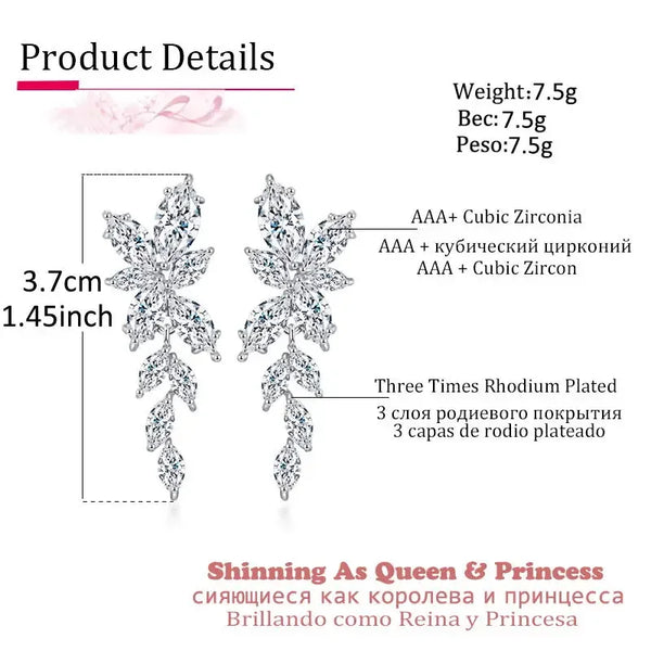 LXOEN Marquise Cut Flower Zirconia Crystal Long Drop Earrings for Women Shiny Leaf CZ Stone Bridal Wedding Jewelry - PST PS Tradings