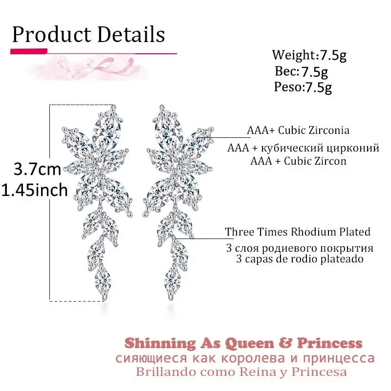 LXOEN Marquise Cut Flower Zirconia Crystal Long Drop Earrings for Women Shiny Leaf CZ Stone Bridal Wedding Jewelry - PST PS Tradings