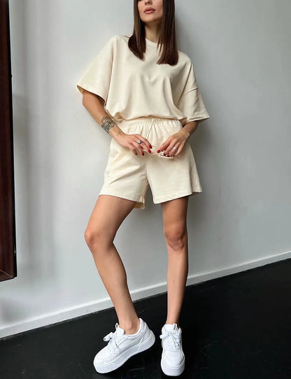 Women's Summer Suit with Shorts Cotton Side Split Oversized Two-piece Top and Shorts Set Loose Casual Suit for Women Outfit - Property & Safety Tradings