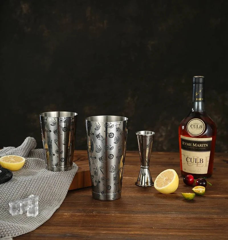 Boston Cocktail Shaker With Etched Pattern Bar Cocktail Shaker Tin Set - 800ml & 500ml - PST PS Tradings