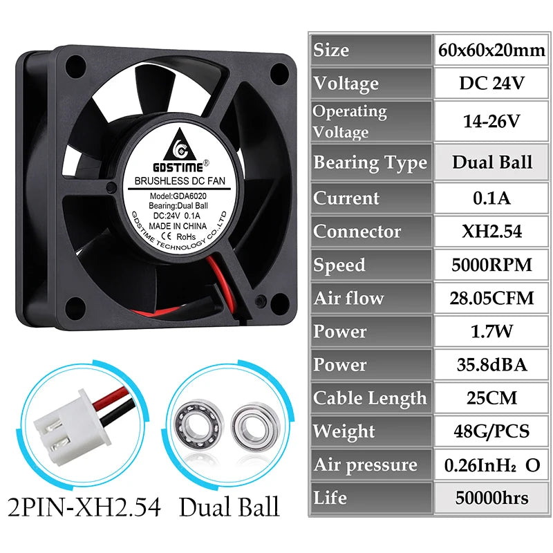 2 Pcs Gdstime 60x60x20mm 6020 12V 24V Dual Ball 3D Printer Cooler Fan 60mmx20mm Brushless Machine Equipment DC Motor Cooling Fan - PST PS Tradings