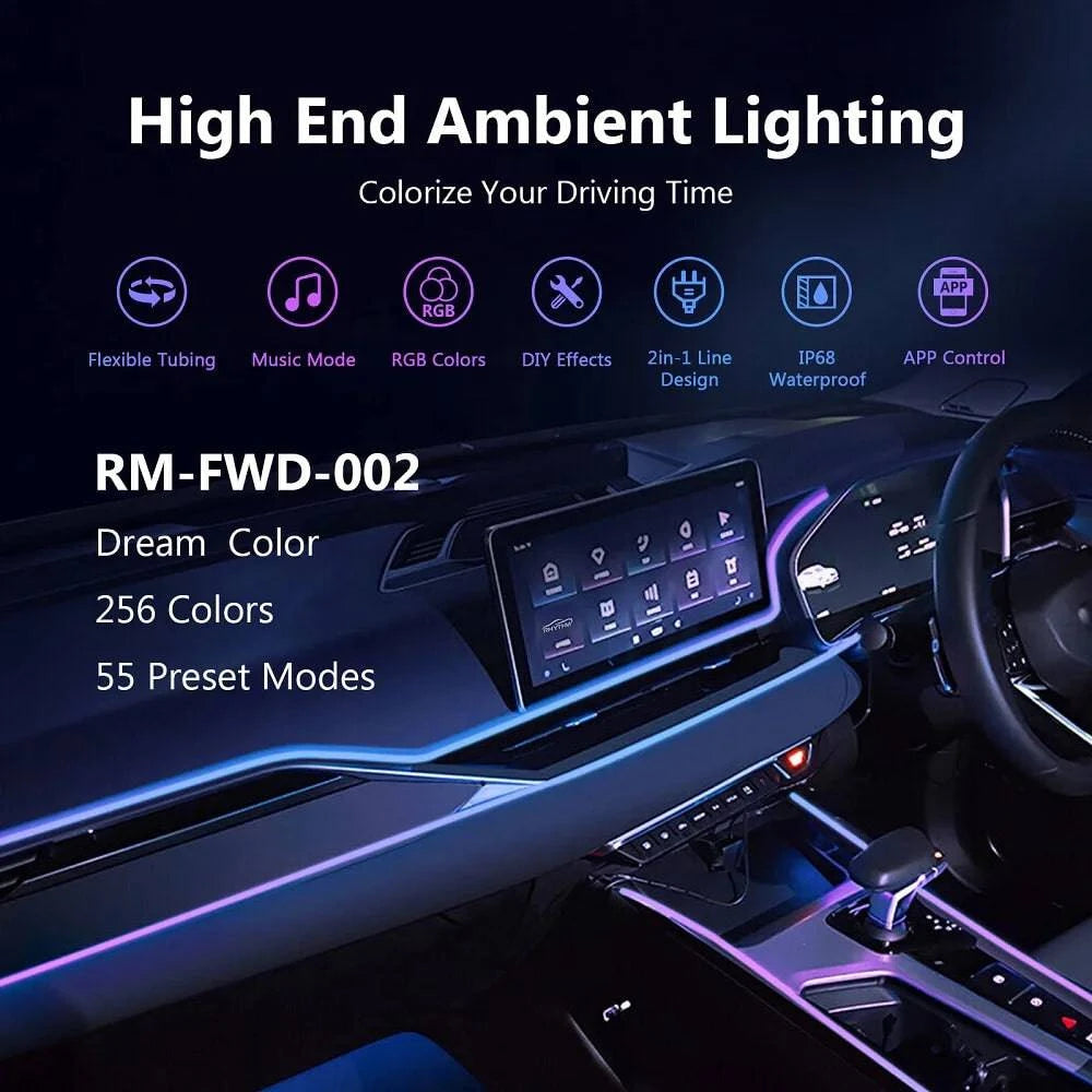 Universal Car Ambient Light Kit With Wireless APP Control 256 RGB Dream Color and 55 Preset Modes LED Neon Footlight Accessories - Property & Safety Tradings