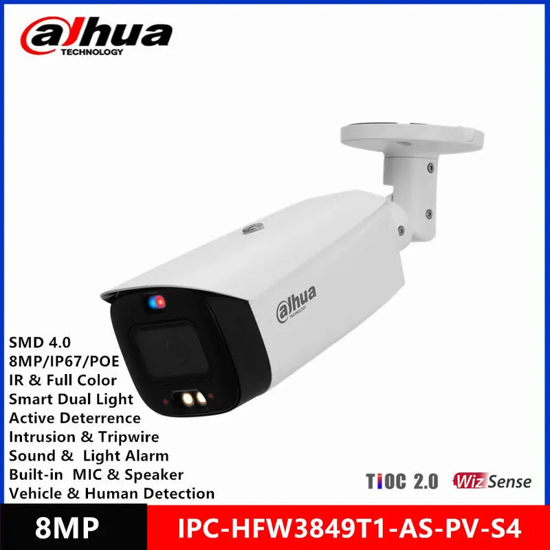 Dahua IPC-HFW3849T1-AS-PV-S4 8MP POE IP67 Built-in Mic & Spk IR30M & Full Color 30M Active Deterrence SMD 4.0 WizSense IP Camera - Property & Safety Tradings