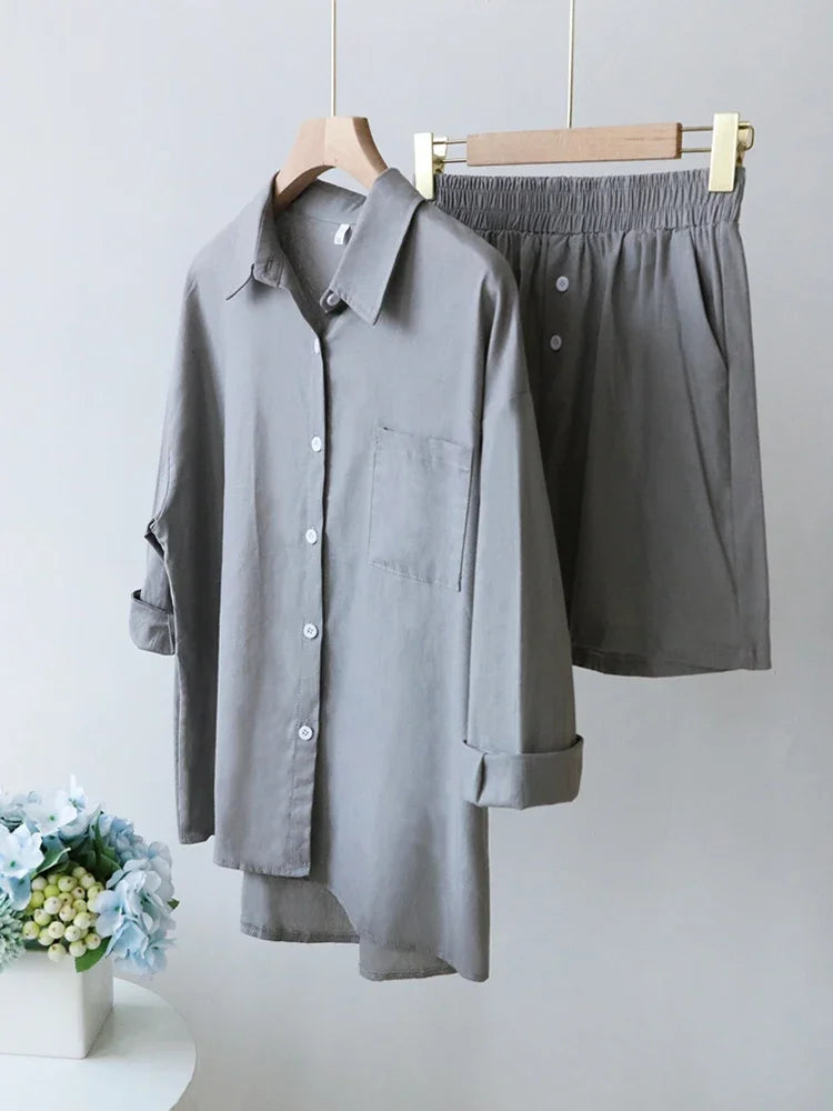 2024 Summer Casual Cotton Linen Suits with Shorts for Women Shirt and Shorts Set Outfit Long Sleeve Ankle-Length Pants Tracksuit - Property & Safety Tradings