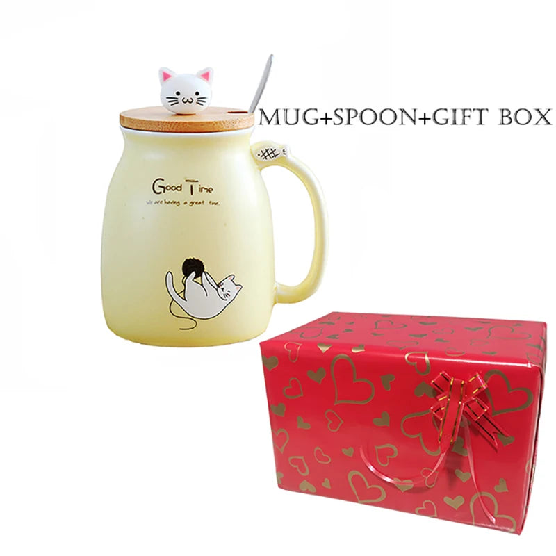 Creative color cat heat-resistant Mug cartoon with lid 450ml cup kitten coffee ceramic mugs children cup office Drinkware gift - PST PS Tradings