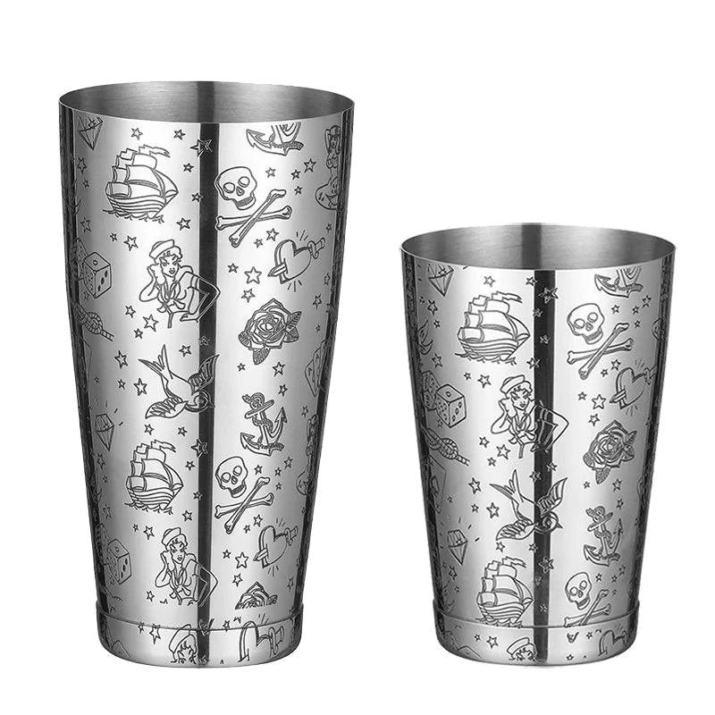 Boston Cocktail Shaker With Etched Pattern Bar Cocktail Shaker Tin Set - 800ml & 500ml - PST PS Tradings