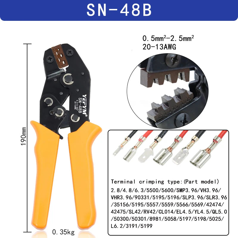 SN-48B SN-2 Wire Crimping Pliers 0.5-2.5mm2 20-13AWG for Box TAB 2.8 4.8 6.3 SM2.5 XH2.54 Terminals Sets Electrical Hand Tools