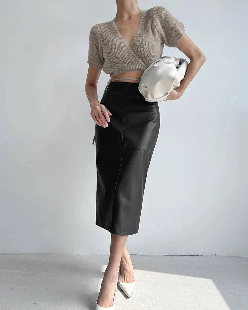 Mnealways18 Elegant Pu Khaki Skirts Womens High Waist Straight Faux Leather Long Skirts Autumn Office Ladies Zipper Skirts 2024 - Property & Safety Tradings