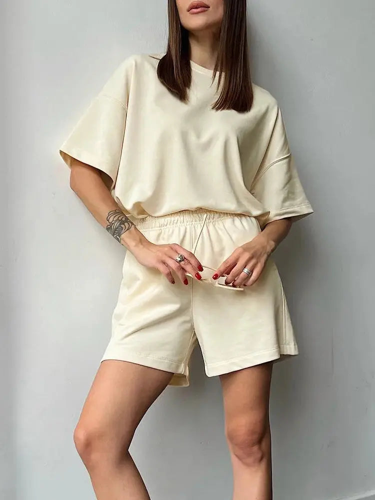 Women's Summer Suit with Shorts Cotton Side Split Oversized Two-piece Top and Shorts Set Loose Casual Suit for Women Outfit - Property & Safety Tradings