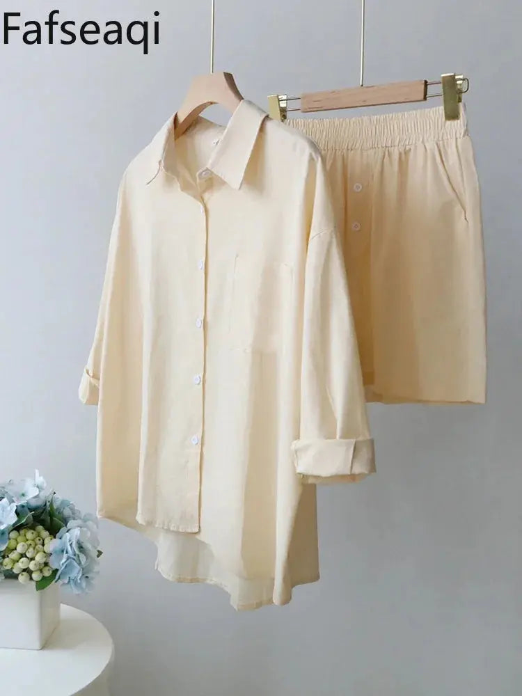 2024 Summer Casual Cotton Linen Suits with Shorts for Women Shirt and Shorts Set Outfit Long Sleeve Ankle-Length Pants Tracksuit - Property & Safety Tradings