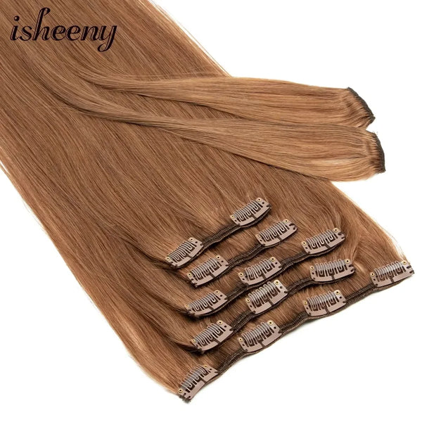 Isheeny 14"-24" Clip In Human Hair Extensions Brazilian Remy Natural Clip Human Hair Extension Real Natural Clip On 80G-140G - PST PS Tradings