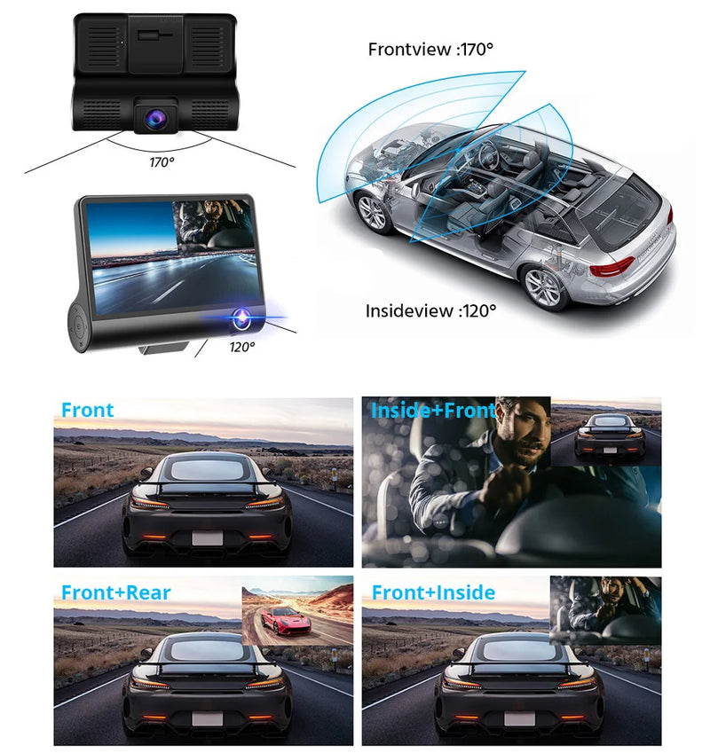 E-ACE B28P Car DVR 3 Cameras Lens 4.0 Inch Dash Camera Dual Lens Suppor Rearview Camera Video Recorder Auto Registrator Dash Cam - PST PS Tradings