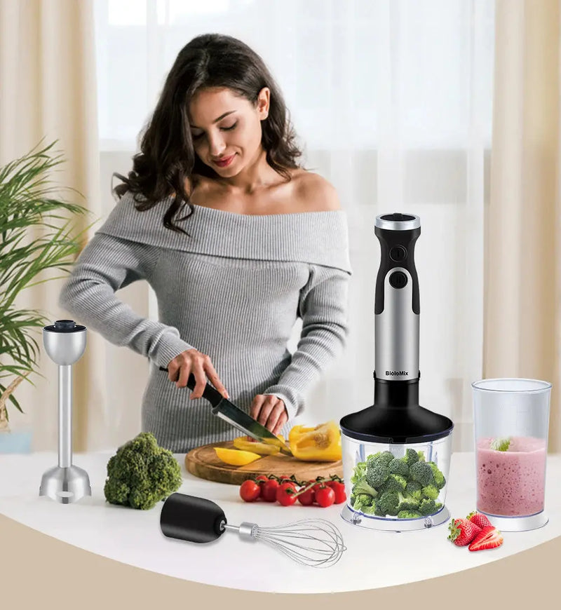 BioloMix 1200W 5-in-1 Immersion Hand Stick Blender Mixer Vegetable Meat Grinder 800ml Chopper Whisk 600ml Smoothie Cup - Property & Safety Tradings