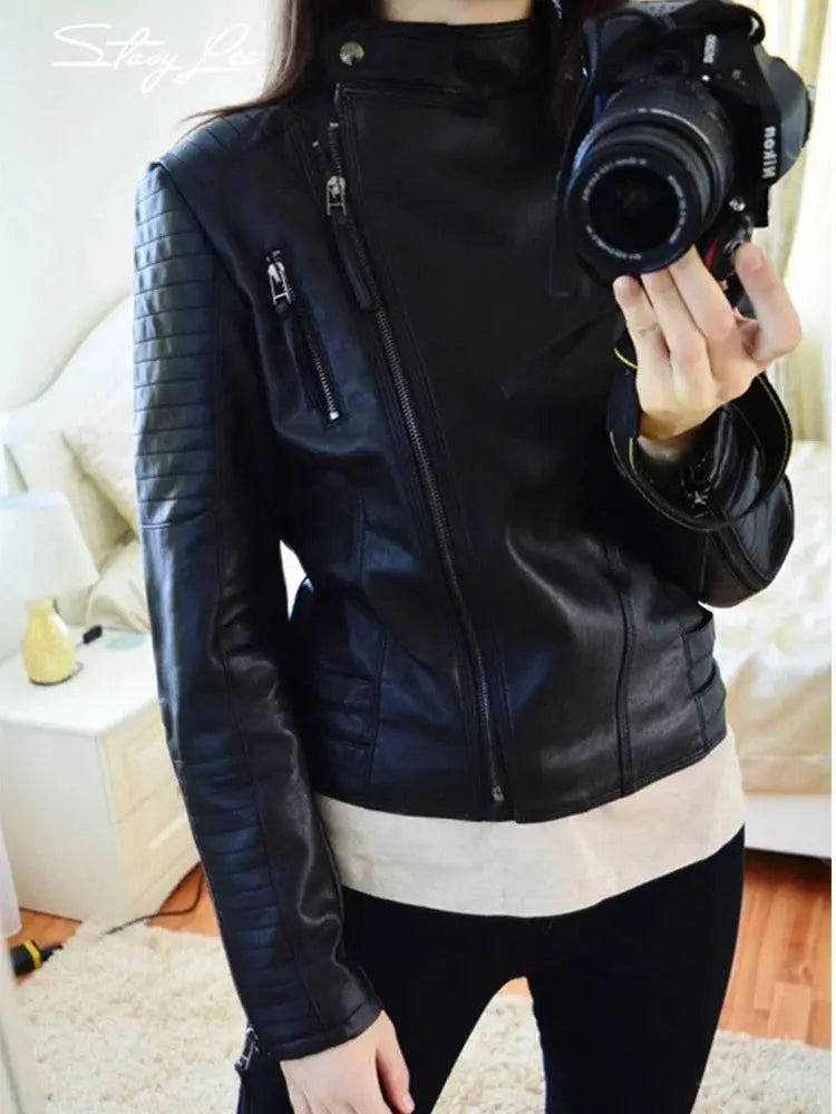 Fitaylor Spring Autumn Women Punk Leather Jacket PU Faux Leather Jackets Basic Bomber Leather Motorcycle Black Coat - Property & Safety Tradings