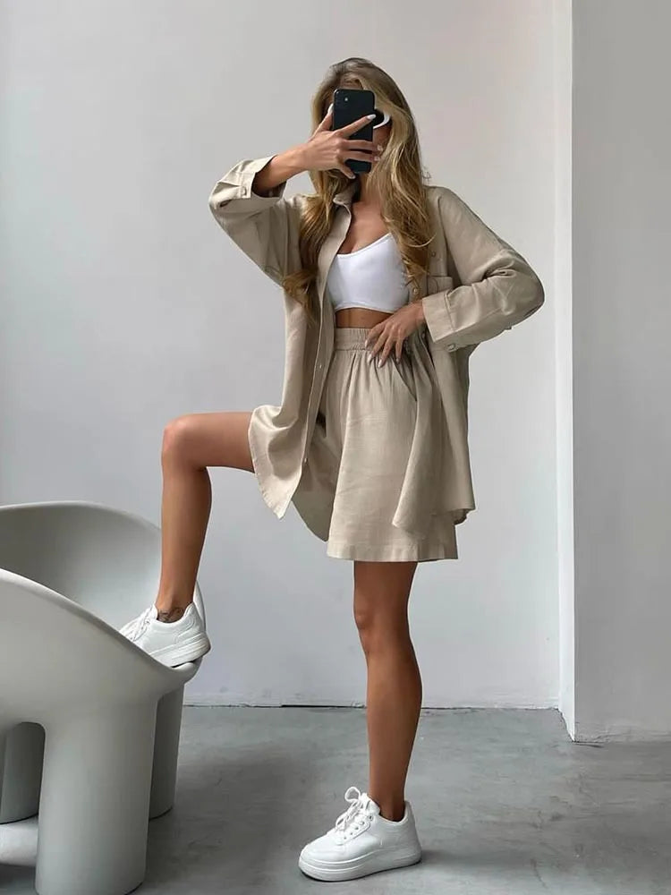 Summer Women's Suit Solid Cotton Casual Shorts and Shirts 2 Piece Sets Womens Outfits Linen Fashion Blouse Women's Suit 2025 - Property & Safety Tradings