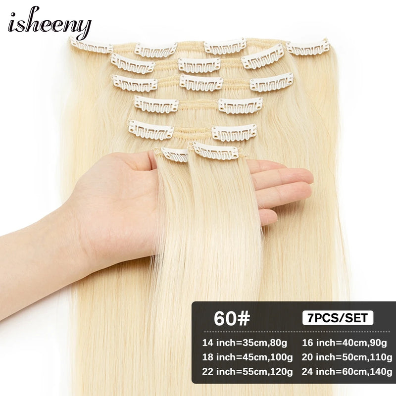 Isheeny 14"-24" Clip In Human Hair Extensions Brazilian Remy Natural Clip Human Hair Extension Real Natural Clip On 80G-140G - PST PS Tradings