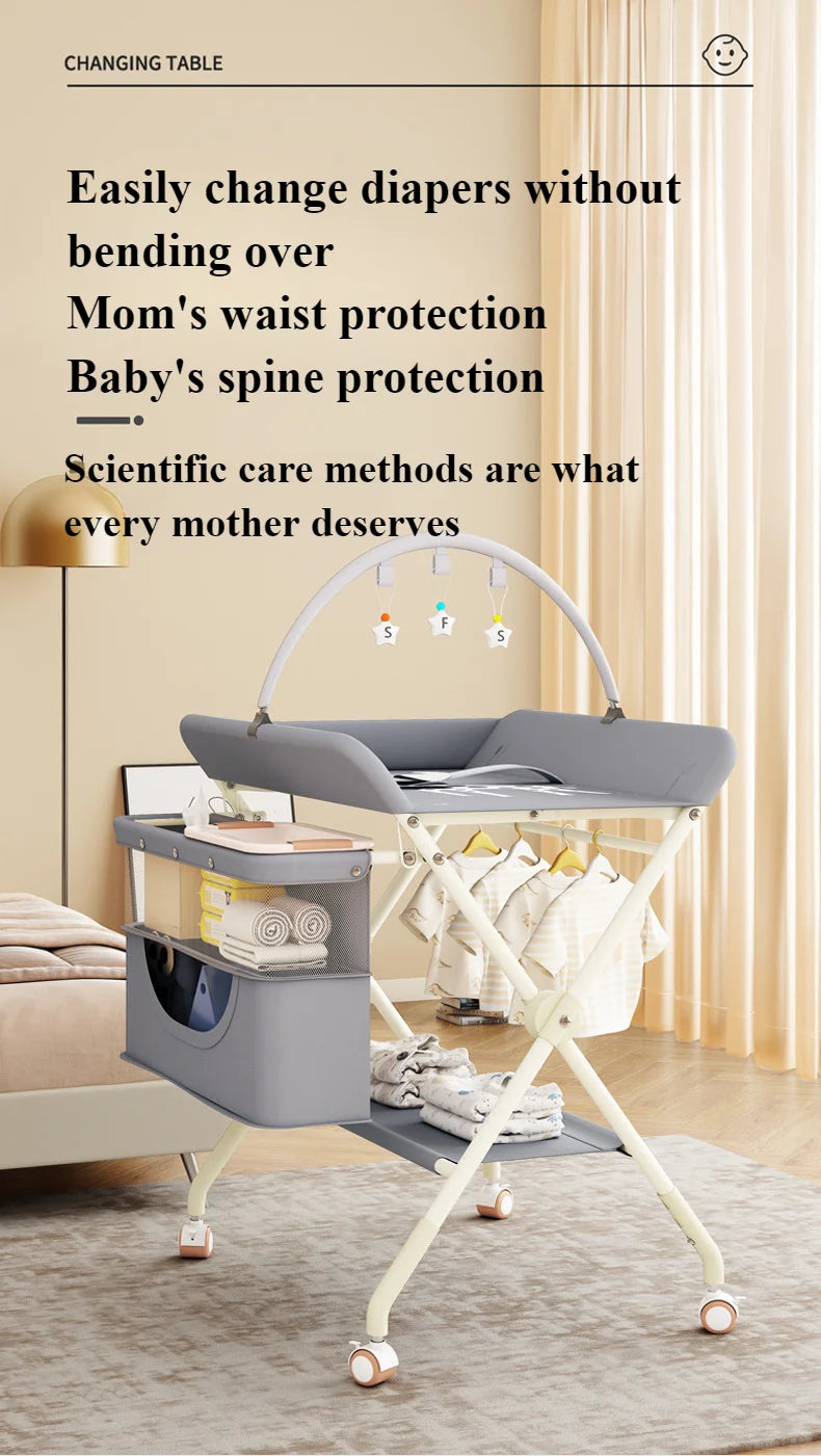 One-click Folding Multifunctional Diaper Changing Table with Toy Rack Storage Basket Height Adjustable Mobile Baby Care Table - PST PS Tradings