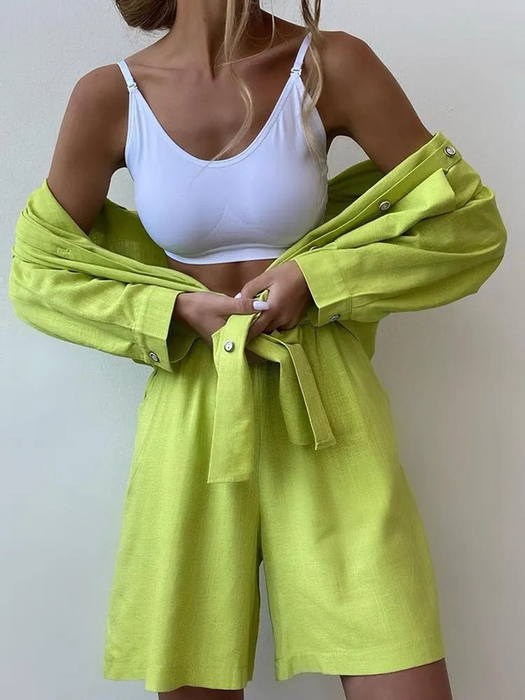 Summer Women's Suit Solid Cotton Casual Shorts and Shirts 2 Piece Sets Womens Outfits Linen Fashion Blouse Women's Suit 2025 - Property & Safety Tradings