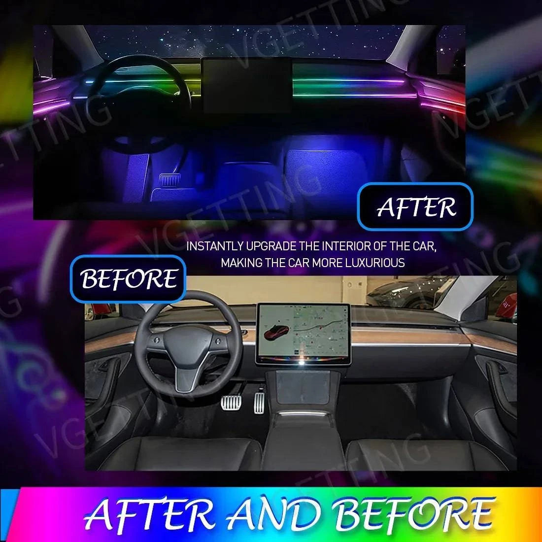 Vgetting 18 in 1 Car Ambient Lights Symphony LED Interior Acrylic Strips Atmosphere Light Button APP Control RGB 64 Colors 12V - Property & Safety Tradings