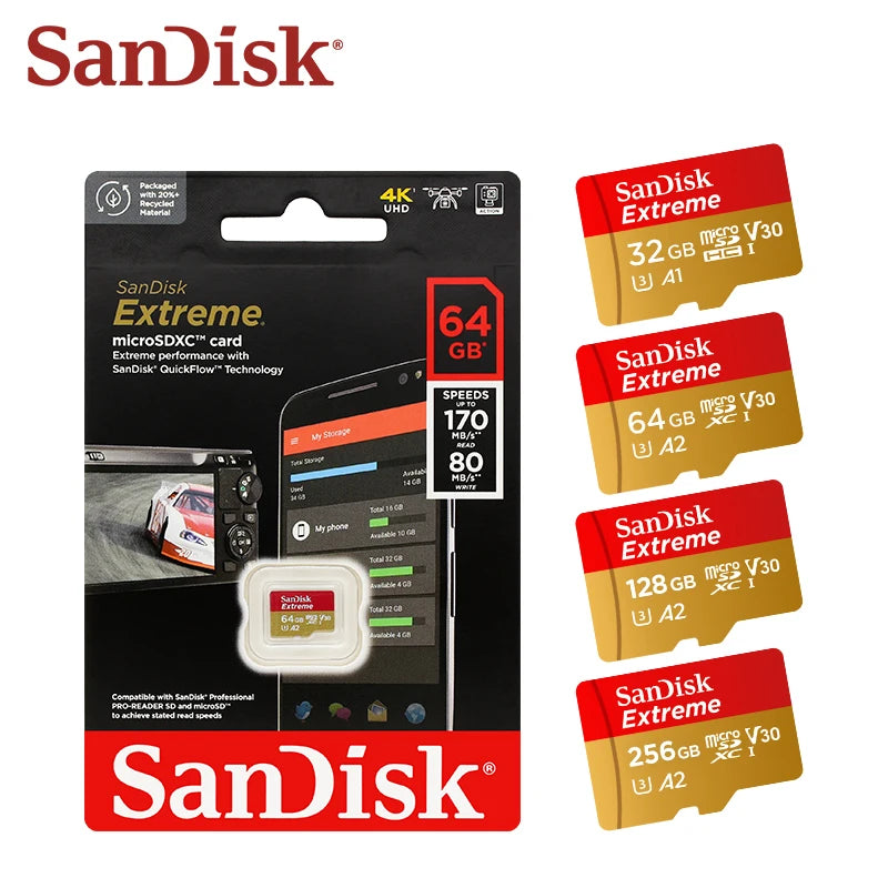 Sandisk Micro SD Card Original Extreme A2 V30 U3 SDXC Flash 32GB 64GB 128GB 256GB MicroSD Card 190MB/s TF Card for Phone Tablet - PST PS Tradings