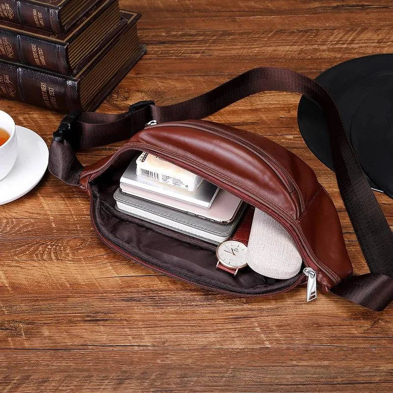 Fashion Men Genuine Leather Fanny Bag for Phone Pouch Male Leather Messenger Bags Brand Fanny Pack Male Travel Waist Bag Men - Property & Safety Tradings