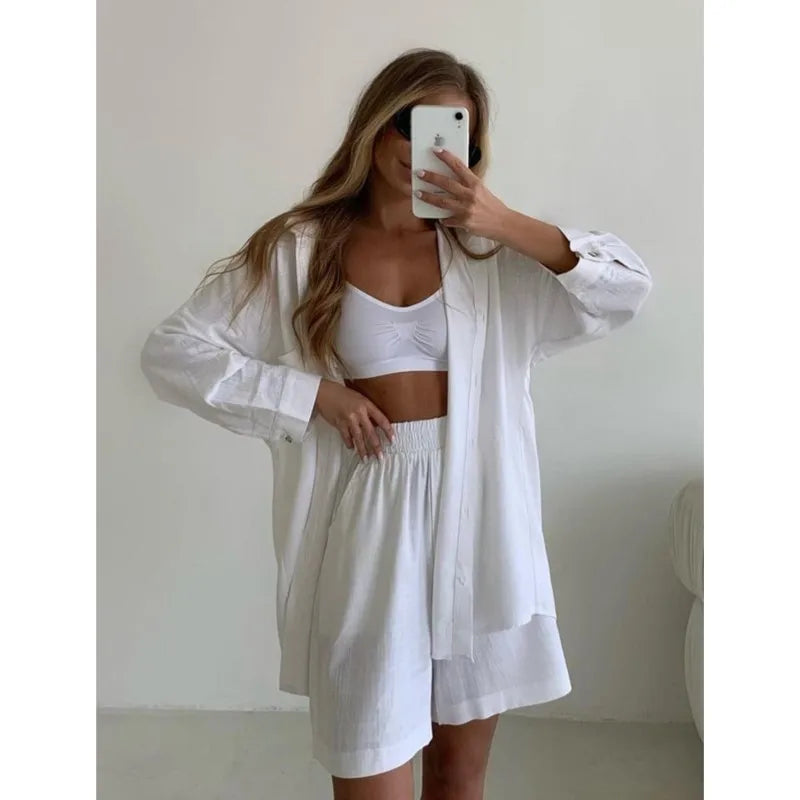 Summer Women's Suit Solid Cotton Casual Shorts and Shirts 2 Piece Sets Womens Outfits Linen Fashion Blouse Women's Suit 2025 - Property & Safety Tradings