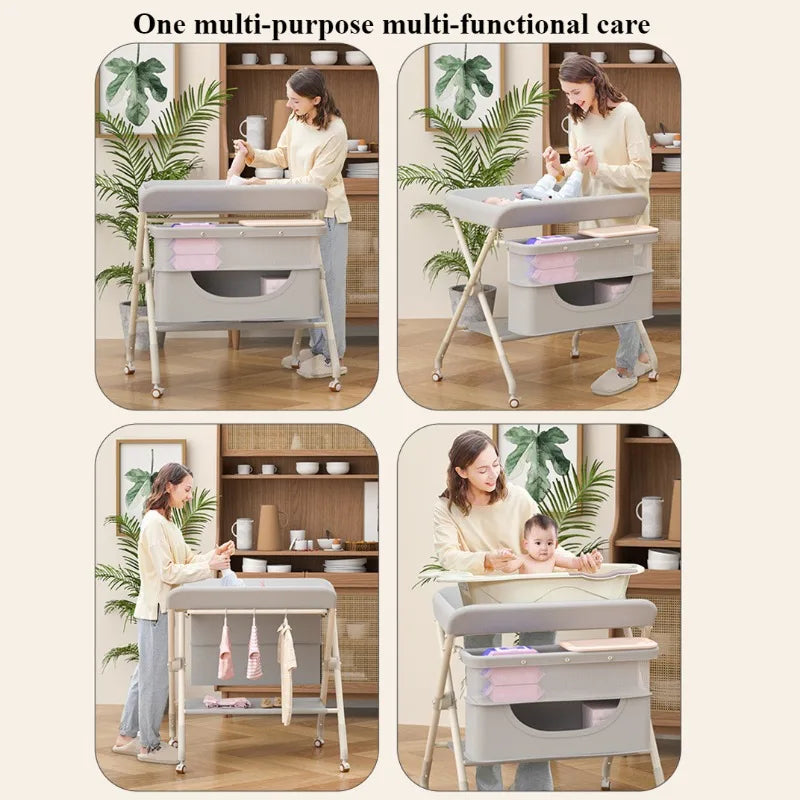 One-click Folding Multifunctional Diaper Changing Table with Toy Rack Storage Basket Height Adjustable Mobile Baby Care Table - PST PS Tradings