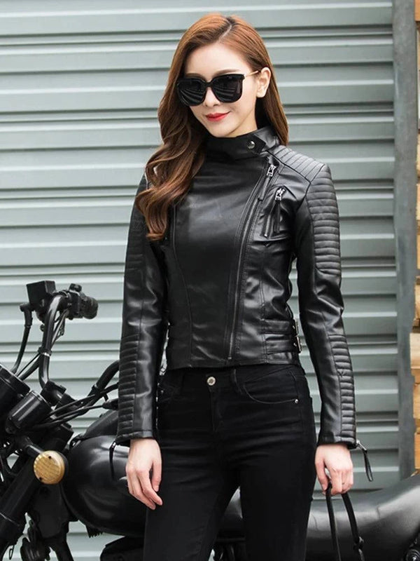 Fitaylor Spring Autumn Women Punk Leather Jacket PU Faux Leather Jackets Basic Bomber Leather Motorcycle Black Coat - Property & Safety Tradings