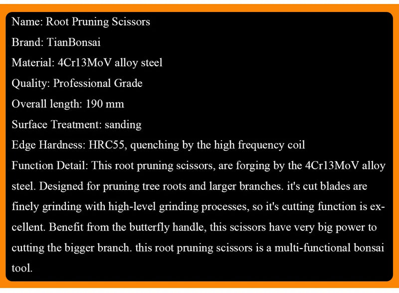 Ножницы для обрезки корней профессионального класса длиной 190 мм, инструменты для бонсай из легированной стали 4Cr13MoV от TianBonsai