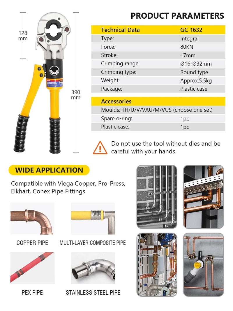 Europe Warehouse Hydraulic Pex Pipe Crimping Tools for Pex,Stainless Steel and Copper Pipe with TH,U,V,M,VAU jaws