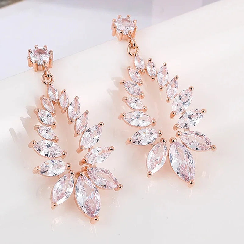 LXOEN Marquise Cut Flower Zirconia Crystal Long Drop Earrings for Women Shiny Leaf CZ Stone Bridal Wedding Jewelry - PST PS Tradings