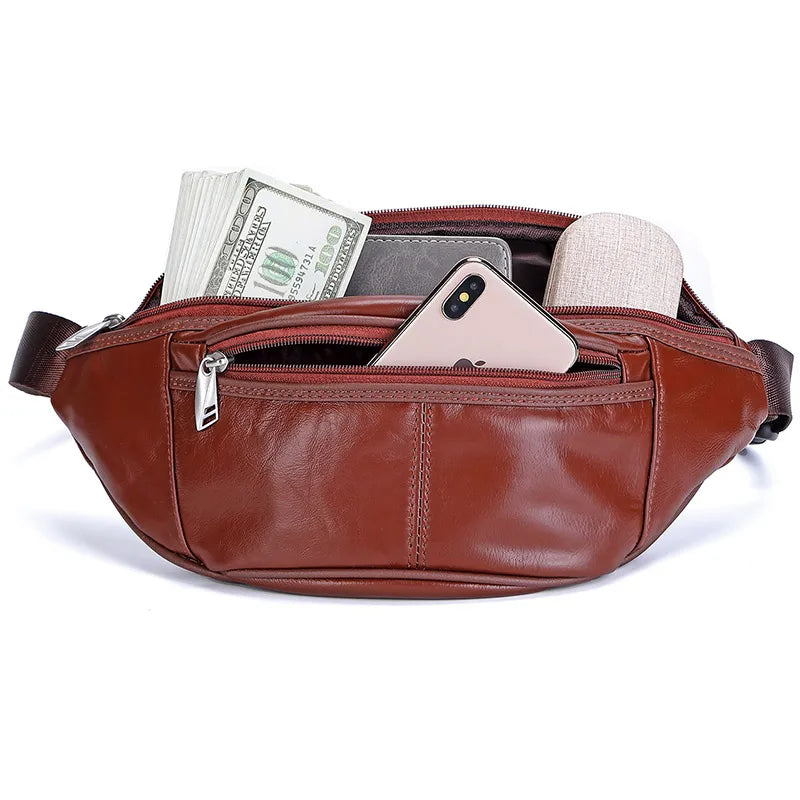 Fashion Men Genuine Leather Fanny Bag for Phone Pouch Male Leather Messenger Bags Brand Fanny Pack Male Travel Waist Bag Men - Property & Safety Tradings