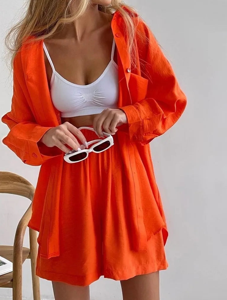 Spring Fashion Casual Short Set Women Tracksuit Wear Loose Long Shirt Top And High Waist Shorts Two Piece Sets Summer Outfits - Property & Safety Tradings